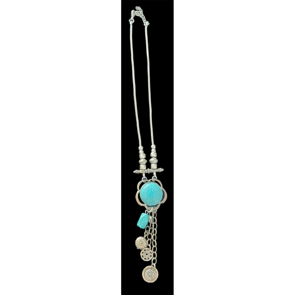 Turquoise Look Medallion Coin Charm Long Necklace Silver Tone Boho Western chic - Picture 3 of 5